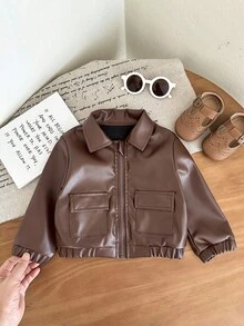 SHEIN 男婴幼儿新生儿 0-3 岁休闲日常时尚街头 PU 皮革摩托车夹克，适合男婴的酷炫外套，秋冬 - 棕色 - 查看 3
