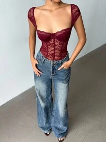 Aloruh Anker 红色性感蕾丝紧身衣 - 酒紅色 - 查看 6