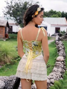 Myrelith 1件女式蕾丝拼布印花塑身衣上衣 - 彩色 - 查看 2