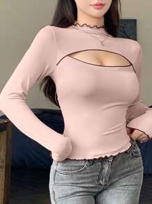 DAZY Maglietta elegante e casual da donna con collo alto, maniche lunghe, decorazione a righe e dettagli traforati