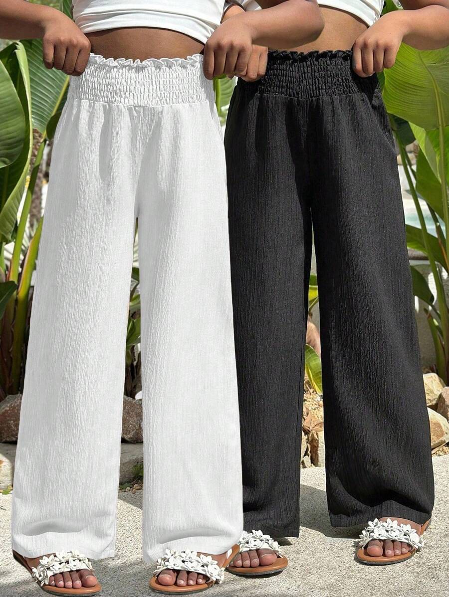 2 piezas Pantalones anchos con volantes casuales, versátiles para vacaciones, playa, campo y uso diario para niñas - Multicolor - Ver 1