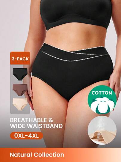 LUVLETTE Plus 3-Pack Women V-Cut Airy Comfortable Cotton Basics High-Rise Briefs-Earthy Comfort Underwear