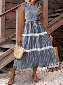 LanaWest 度假休闲条纹蕾丝边无袖连衣裙 - 藏蓝色 - 查看 3