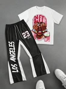 Manfinity EMRG 男士休闲宽松圆领短袖 T 恤和裤子套装，美国街头嘻哈风格 T 恤和喇叭裤两件套服装 - 彩色 - 查看 1