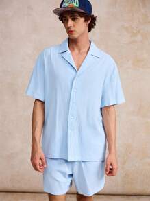 Surfspeed Men's Solid Color Lapel NeckShort Sleeve Shirt And Shorts Beach Outfit