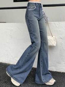 DAZY Women's Flare Jeans With Lace Splice - Medium Wash - View 2