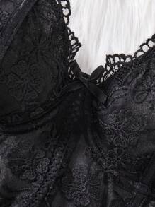 2件套女士白色浪漫长款文胸内衣套装 - 黑色 - 查看 4