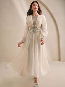 Anewsta 女士时尚新款性感镂空修身长袖水钻亮片优雅派对连衣裙 - 杏色 - 查看 5