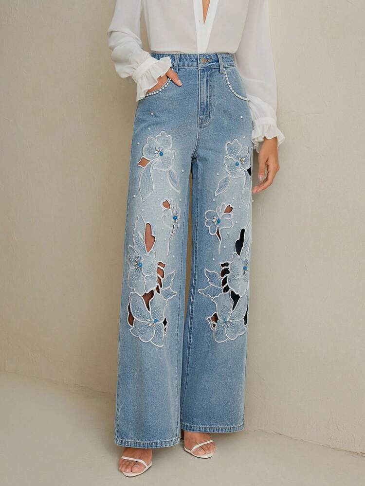 Fashionable Casual Hollow-Out Embroidery Blue Denim Women Trousers Jeans
