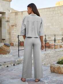 EURMUSE Women Cotton Crop Shirt & High Waist Pants Set - Light Grey - View 2
