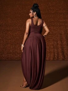 Maweii Plus Size Women's Solid Color Square Neck Ruched Slit Hem Casual Sleeveless Dress - Brown - View 6