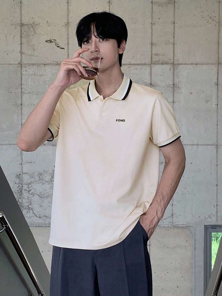 Men's Patchwork Collar Polo Shirt With Label Design, Beige, Summer