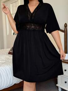 SHEIN 大码性感V领蕾丝拼布睡袍 - 黑色 - 查看 5