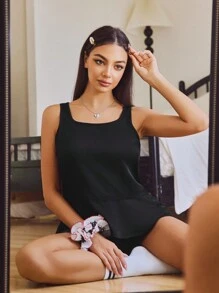 Lowkey Lull 女士舒适简约吊带背心和短裤睡衣套装 - 黑色 - 查看 3