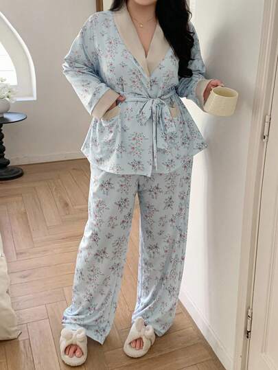 Dazy Plus Plus Size Women Contrast Color Floral Print Long Sleeve Top & Tie Waist Pants Pajama Set, Fall & Winter Clothes