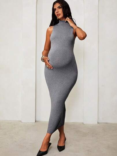 MaterniChic Elegant Grey Autumn Knitted Maternity Sweater Dress,Sleeveless Lapel Split Hem Bodycon Pregnant Women Clothes For Babyshower Wedding Guest Photoshoot
