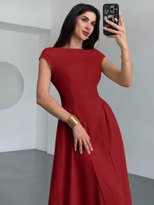 Firerie 女士优雅日常时尚新款度假喇叭腰 A 字中长连衣裙，黄色 - 酒紅色 - 查看 1