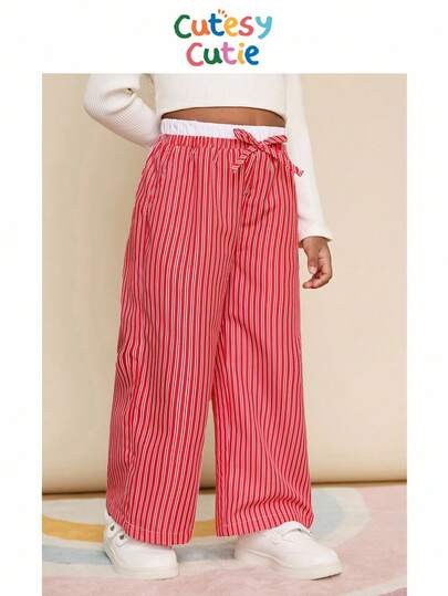 CutesyCutie  Young Girl Bow Decor Striped Wide Leg Loose Casual Pants Striped Pants Girls Wide Leg Pants Girls Red Striped Pants Baggy Girls Pants Loose Pants For Girls