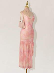 Sweetina 优雅甜美的粉色美人鱼裙，复古细肩带雪纺串珠长礼服，适合舞会和派对 - 粉色 - 查看 7