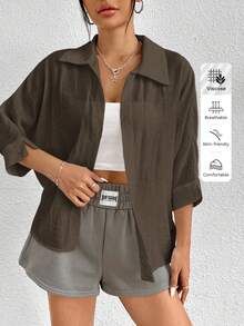 SHEIN PETITE Brown Blouse Loose Shirt - Brown - View 8