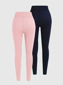 2 piezas/Set de Leggings para niñas, combinación minimalista de negro y rosa con estampado de corazón, mallas de longitud completa cómodas para niñas preadolescentes. La combinación de negro y rosa hace que este conjunto de leggings sea talla grande versátil, permitiendo que las niñas mayores elijan libremente según las diferentes ocasiones o estados de ánimo. El patrón de estampado de corazón agrega un toque de juguetona infantilidad, haciendo que la usuaria exude un encanto adorable. Moda de regreso a la escuela para niñas preadolescentes en otoño e invierno - Multicolor - Ver 2