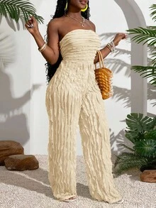 Slaydiva 2025 Summer New Arrival, Music Festival, Wedding Season, Easter, Western Style, Nomadic Style, St. Patrick's Day, Birthday Party, Graduation Season, Student Wear, Daily Casual, Leisure, Vacation, Cruise Travel, Beach, Sunbathing, Fashionable, Texture, Strapless, Yellow, Plus Size Women Jumpsuit Ruffle Jumpsuit Women Jumpsuit Summer Jumpsuit Vacation Outfit Tube Top Jumpsuit - Apricot - View 4