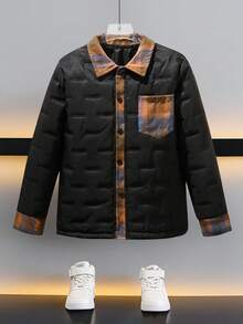 1pc Boys' Loose Fit Padded Plaid Patchwork Casual College Style Padded Coat, Autumn/Winter Fall - Black - View 3