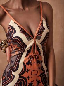 Zivah 春夏新款音乐节、复活节、西部、游牧风格连衣裙，适合生日派对、毕业典礼、学生休闲装、日常出游、度假、邮轮旅行、海滩、日光浴、网红风、极简休闲无袖V领印花长裙，大地色系 - 棕色 - 查看 4