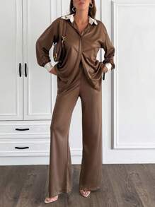 EURMUSE 2pcs/Set Women Rhinestone Collar Detailed Elegant Loose Long Sleeve Shirt And Wide Leg Pants Brown Elegant Suit - Brown - View 6
