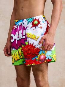 Solantero Calções de praia masculinos com estampa de letras coloridas - Roxa - Ver 4