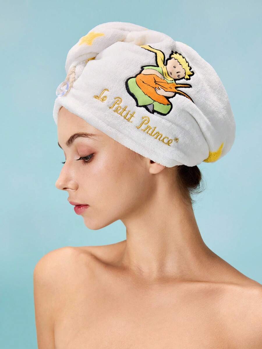 LE PETIT PRINCE X SHEIN 1pc Embroidery Pattern Microfiber Hair Drying Towel Cap, Star Print, Soft Polyester, Super Absorbent Material, Suitable For All Hair Types - White - View 1