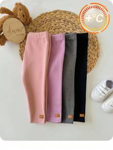 4pcs Babygirl Cute Casual Versatile Solid Color Elastic Waist Knit Pants