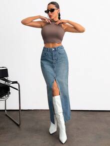 EURMUSE Women's High Waist Pocketed Slit Hem Long Denim Skirt Jean Skirt With Slit Jean Skirt Y2k Long Jean Skirt Split Denim Skirt - Medium Wash - View 4