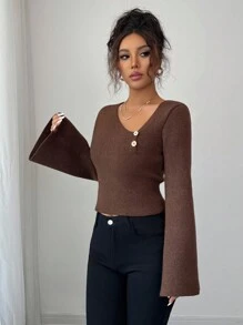 Selianne Autumn/Winter Elegant Asymmetrical Neck Knit Sweater Knit Pullover Fall - Coffee Brown - View 7