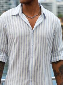 Manfinity Homme 男士纯棉修身基础款蓝白条纹衬衫，秋季款，复古风格，长袖上衣 - 藍白色 - 查看 5