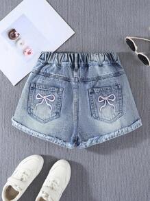 Sparklyn Tween Girls Y2K 风格复古浅色水洗牛仔短裤，粉色蝴蝶结刺绣和口袋，宽松直筒版型，柔软舒适的材质，街头潮流