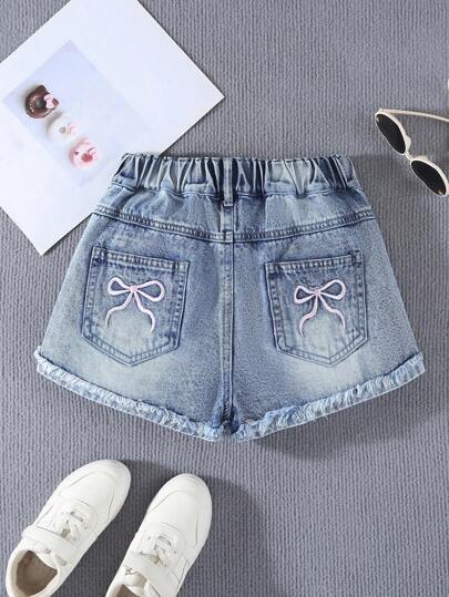 Sparklyn Tween Girls Y2K-stil i ljustvättad vintage-jeanshorts med rosa rosettbroderi och fickor, lös rak passform, mjukt och bekvämt material, streetwear