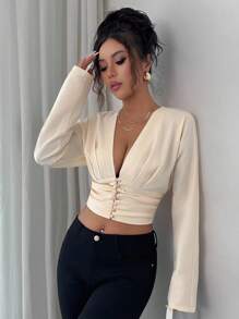 Roylia Chaqueta de mujer con cuello en V, cintura plisada y manga larga con botones, versátil y estilizadora - Albaricoque - Ver 5