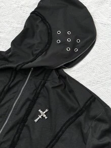 Sunspun 大码女式秋冬开襟连帽夹克，带索环，系带，流苏饰边，复古朋克休闲黑色夹克 - 黑色 - 查看 4