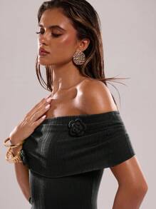 SHEIN BAE 女士优雅纯色露肩紧身长裙，带 3D 花卉装饰 - 黑色 - 查看 5