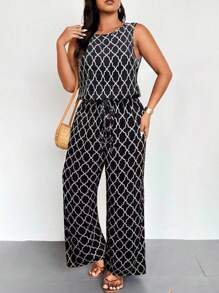 EMERY ROSE Plus Size Geometric Print Sleeveless Elastic Waist Casual Jumpsuit - Black and White - View 4