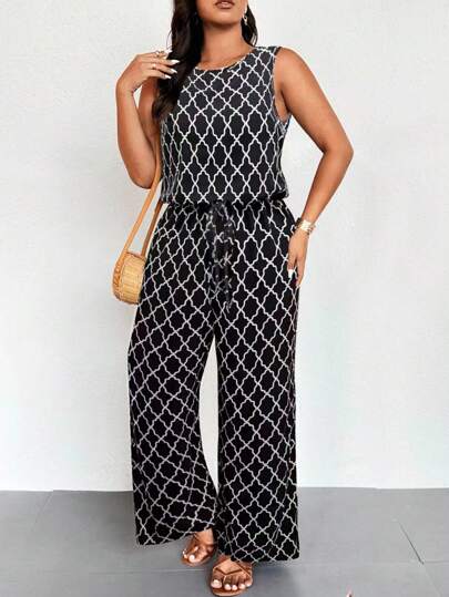 EMERY ROSE Plus Size Women's Geometric Print Sleeveless Elastic Waist Jumpsuit,Black And White Boho Summer Vacation Holiday Outfits,Casual Polka Dot Romper