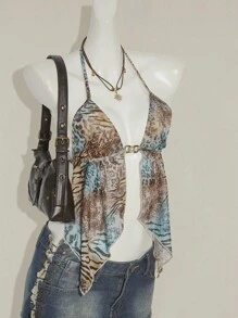 SHEIN ICON 复古豹纹露背挂脖无袖上衣，侧开衩下摆