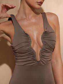 Hauture Sexy Summer Basic Resort Vacation Organic Hallow Out Mermaid Maxi Dress - Brown - View 2
