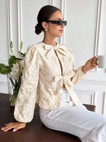 Serisse 女士纯色印花蝴蝶结优雅长袖衬衫，秋季女士，返校，乡村音乐会，商务休闲女士，女士教师，约会之夜女士，生日，女士早午餐，西方女装，商务休闲女士 - 杏色 - 查看 5