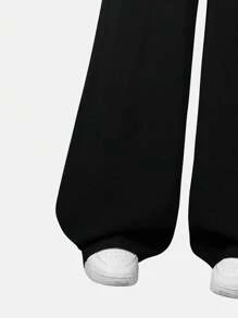 SHEIN Streecool Kids 少女休闲弹力腰阔腿梭织面料长裤，百搭返校季，秋季宽松黑色阔腿裤