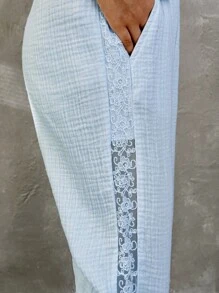 Coolane Kids 青少年女孩春夏休闲蕾丝拼接阔腿裤 - 藍色 - 查看 6