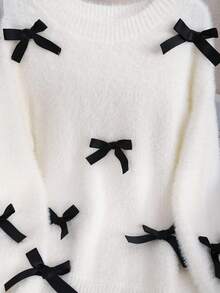 SHEIN Tween Girl Casual Cute Round Neck Faux Fur Collar Loose Fit Bow Knit Sweater TopAutumn Clothing Fall Winter - White - View 6