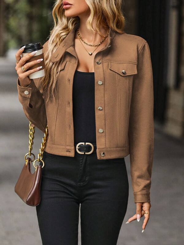 EMERY ROSE Flap Detail Button Front Suedette Crop Jacket Fall Winter Cloth For Women