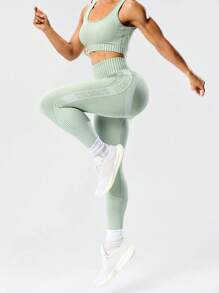 Seamluxe SHEIN Sport Conjunto Esportivo Feminino com Regata Verde Sem Costura de Gola Redonda e Calça com Cintura Elástica, Conjunto Atlético para Academia e Exercícios